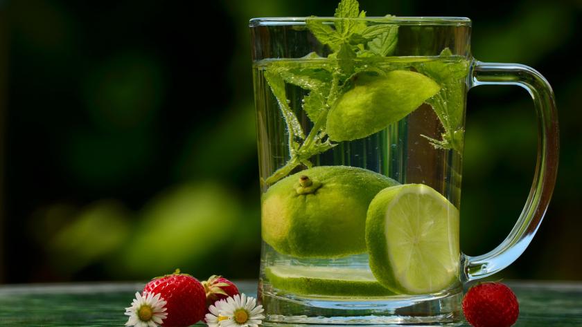 bebida sin azucar jarra con agua, limón y hierbas