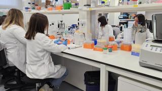 Mujeres con bata blanca sentadas enfrente dos a dos en un laboratorio con pipetas y otros dispositivos y objetos de investigación