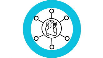Icono de corazón en líneas negras dentro de un círculo del que salen radios que terminan en pequeños círculos. Todo ello dentro de un círculo azul