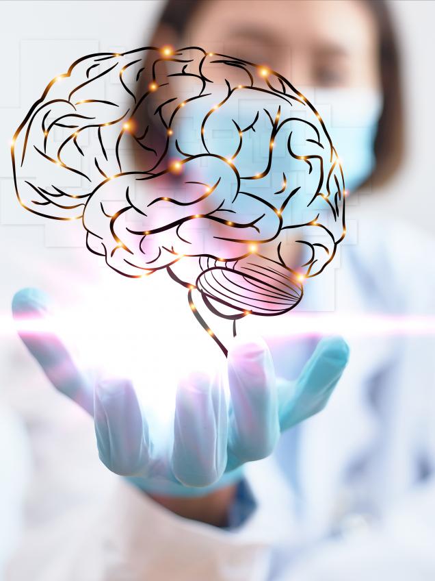 sanitaria con bata pixelada simulando sujetar un cerebro que es una imagen prediseñada