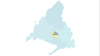 imagen de un mapa de la Comunidad con el área de la Dirección Asistencial Centro sombreada