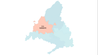 imagen de un mapa de la Comunidad con el área de la Dirección Asistencial Noroeste sombreada