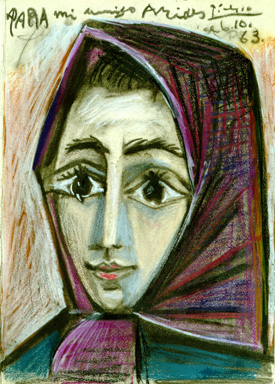 Dibujo de una mujer con grandes ojos y pañuelo morado en la cabeza
