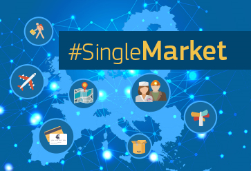 Siete dibujos lineales enmarcados en círculos y la leyenda Single Market