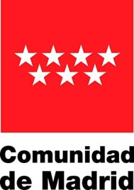 Siete estrellas blancas sobre fondo rojo y debajo la leyenda Comunidad de Madrid