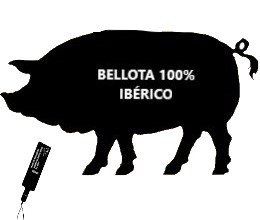 silueta de un cerdo con relleno en negro con leyenda bellota 100% ibérico y precinto negro