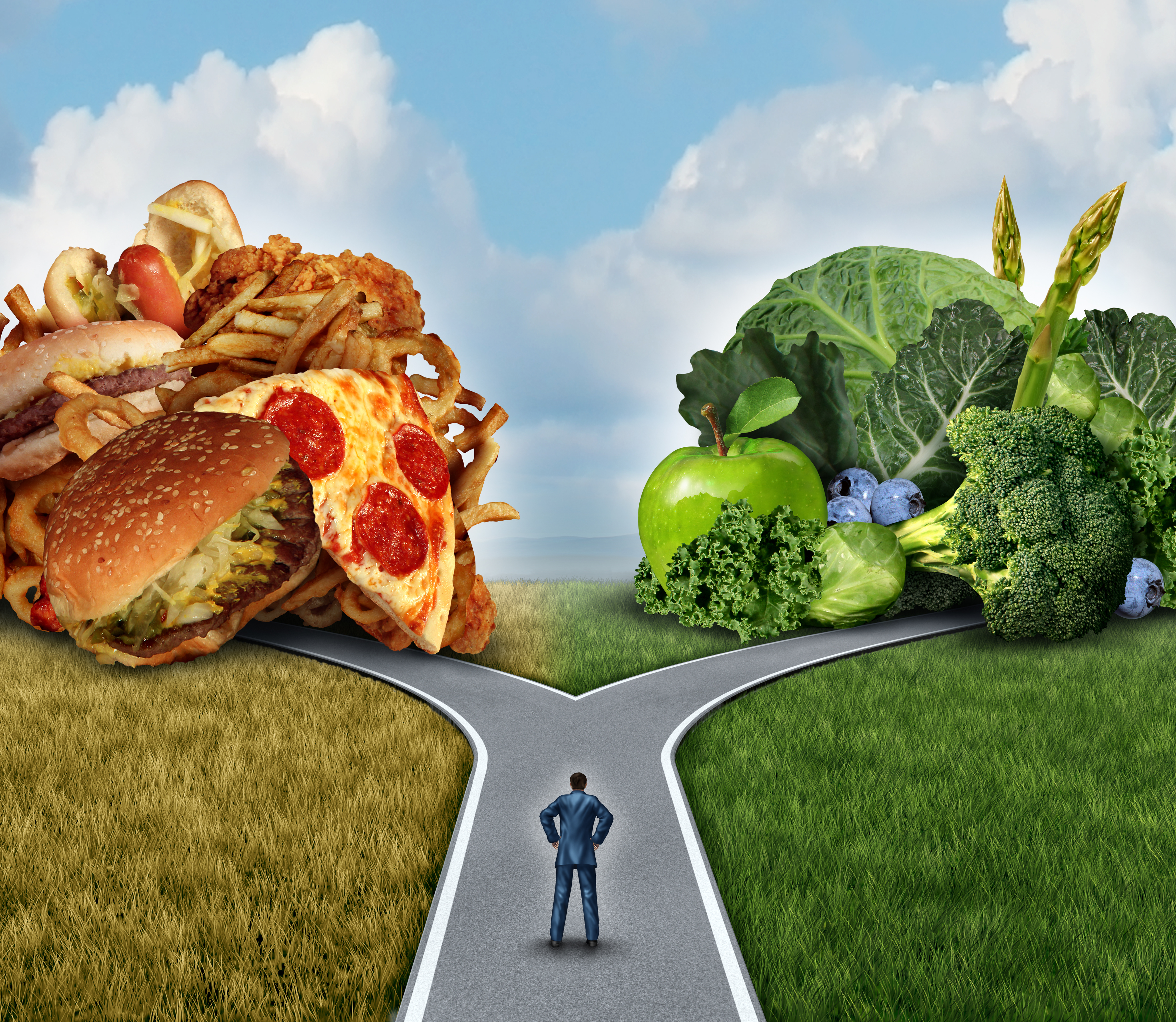 dibujo de un hombre con sobrepeso en un camino que se bifurca hacia comida sana a comida saludable