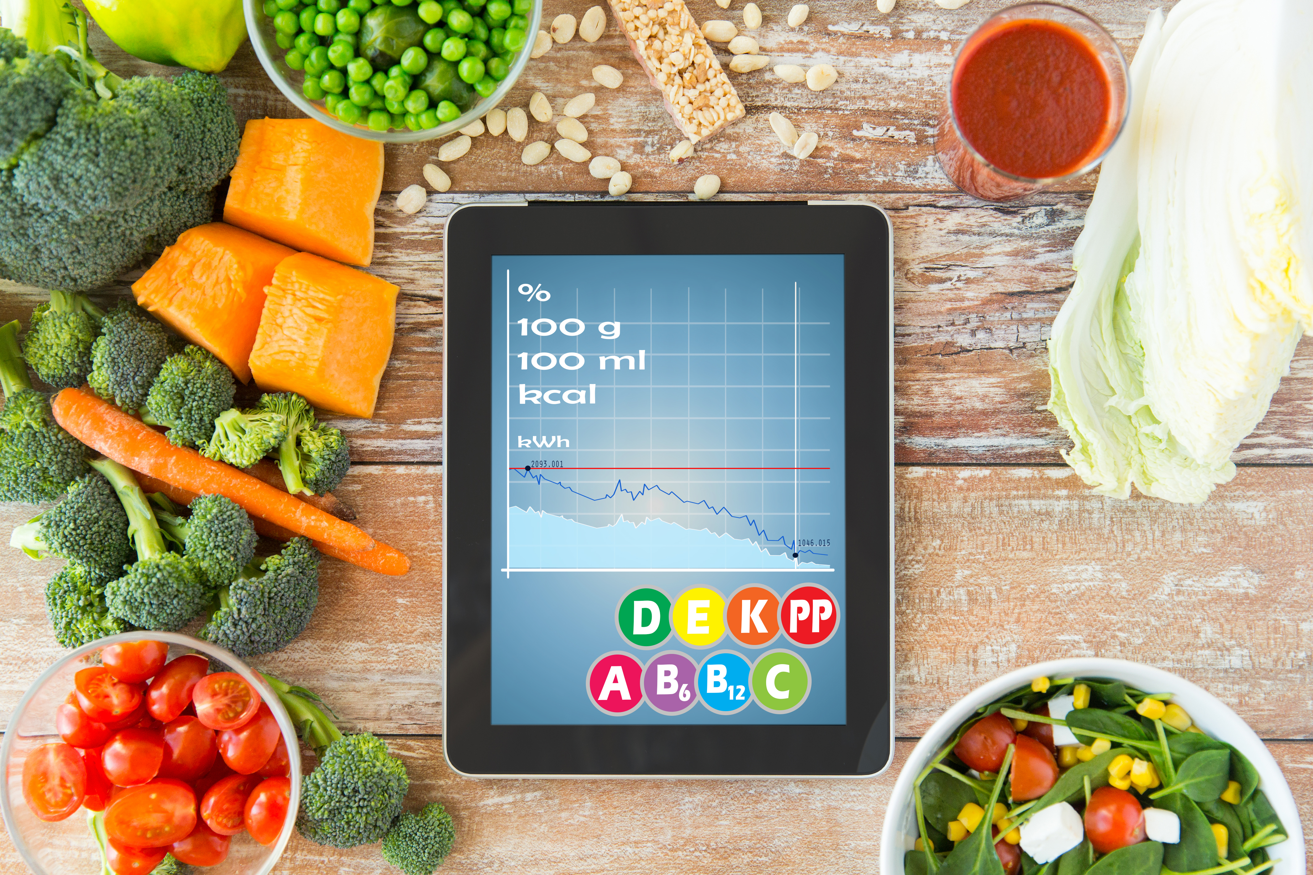 tablet con un gráfico de calorías en una mesa con diferentes alimentos