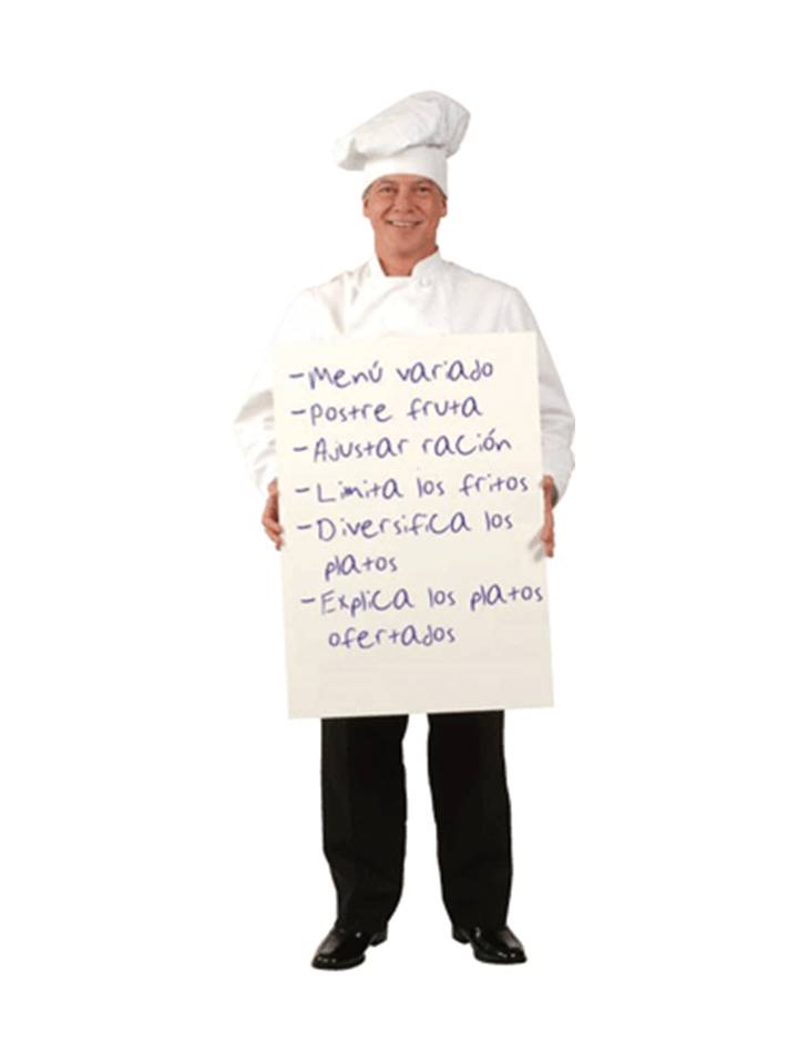 cocinero con cartel con consejos de alimentación