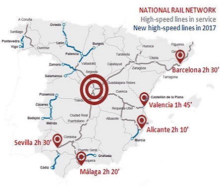 Mapa de España en el que se destaca la red de Alta Velocidad
