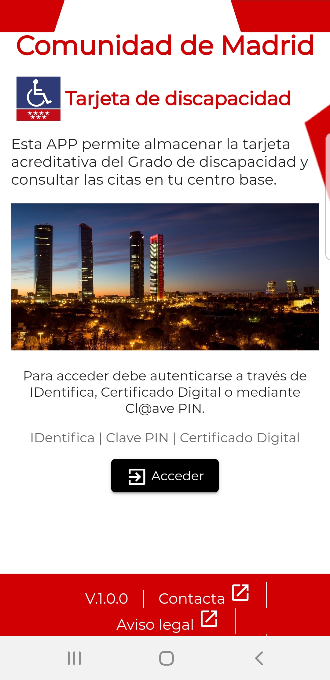 Pantalla de inicio (login) de la App Tarjeta de Discapacidad de la Comunidad de Madrid