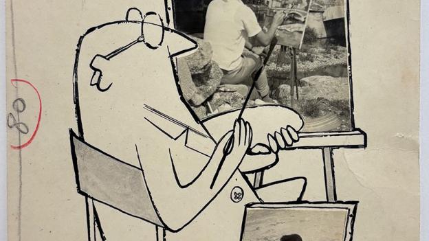 Eduardo Arroyo. Sin título, 1963. Tinta sobre papel o cartón. Cortesía de la Galería Álvaro Alcázar. © Eduardo Arroyo, VEGAP, Madrid, 2026 Dibujo de un pintor sentado denlante de un caballete