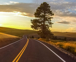 Paisaje atardecer con carretera en primer plano