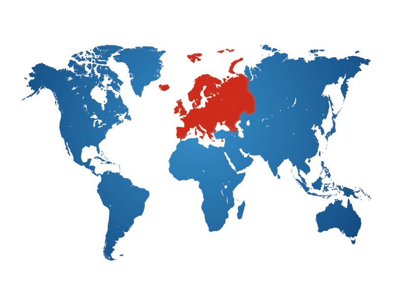 Mapa mundi en que se destaca en rojo Europa