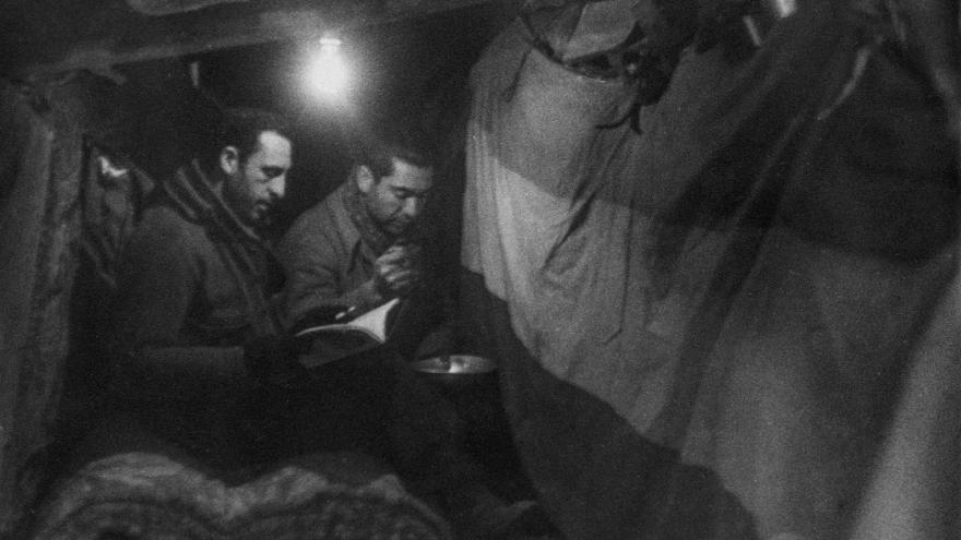 Republican soldiers in an underground shelter on the Madrid Front