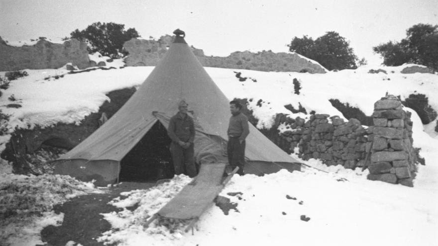 Tent used as shelter in a trench in the Sierra de Guadarrama