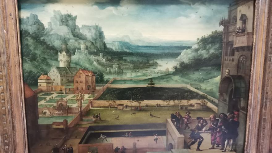 Cuadro Paisaje con montañas, palacio y jardín, de Lucas Van Gassel