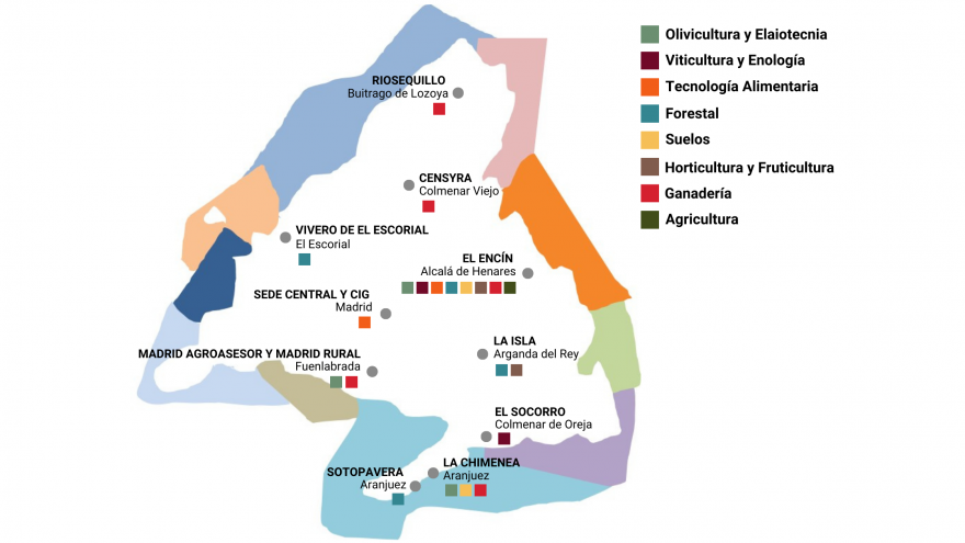 Mapa de la Comunidad de Madrid con la localización de las instalaciones del IMIDRA