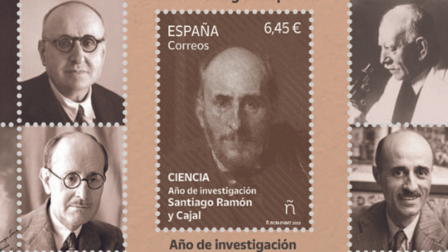 sellos con rostros de Ramón y Cajal y otros científicos conttemporáneos