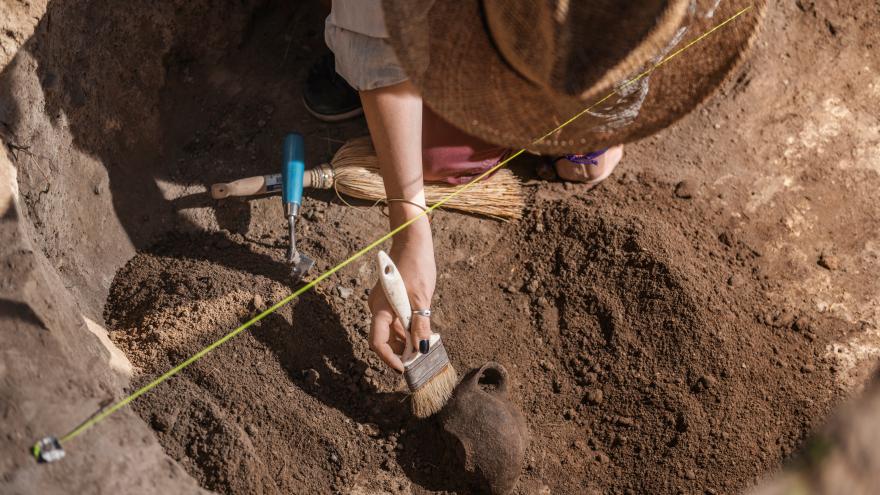 Una arqueóloga trabajando en la tierra