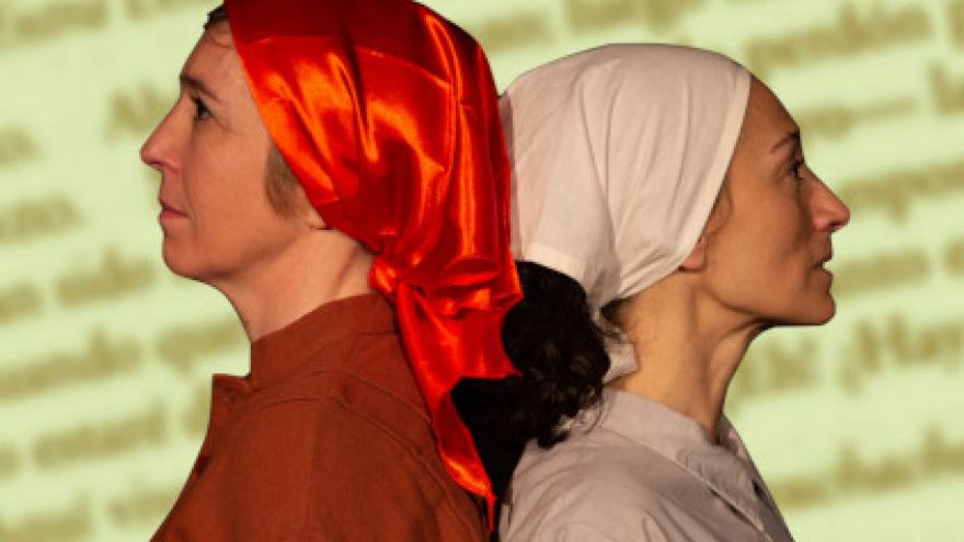 cartel promocional, aparecen dos mujeres con pañuelos en la cabeza unidas por la espalda