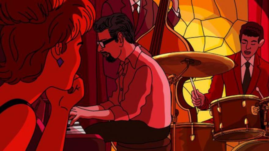 imagen animada de tres personas en un club de jazz