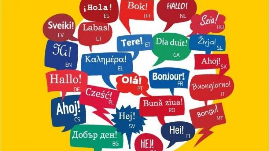 Speech bubble with words in different EU languages