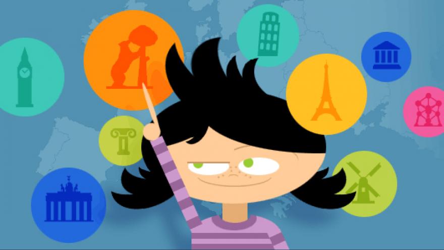 Drawing of a girl and various symbols of European cities