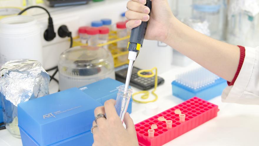 unas manos pipetean en un laboratorio