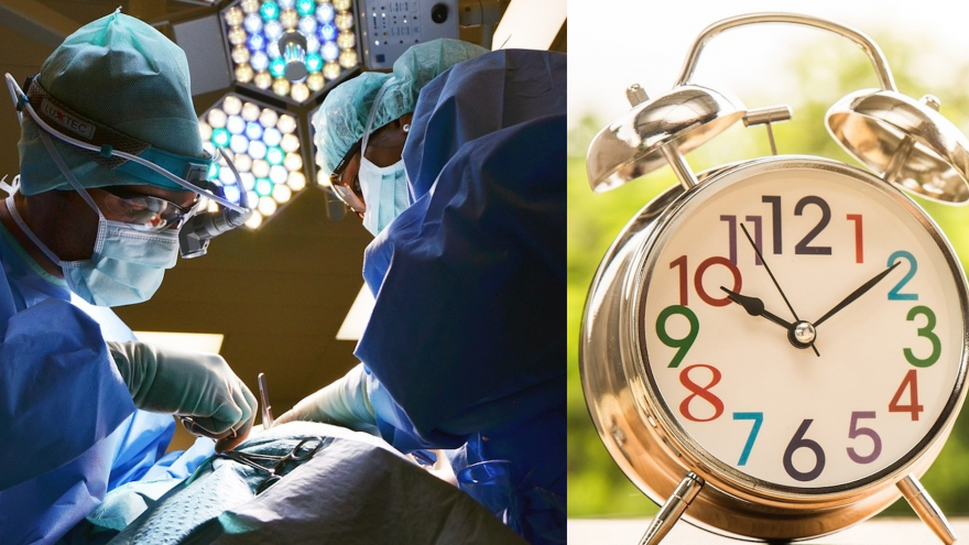 Imagen de cirujanos en quirófano y un reloj