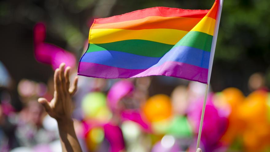 Una bandera LGTBI+ ondeando en una manifestación