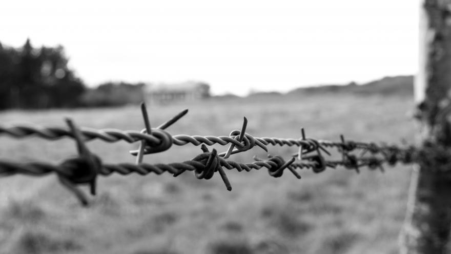 Alambre de acero con espinas en blanco y negro, fondo borroso de un campo
