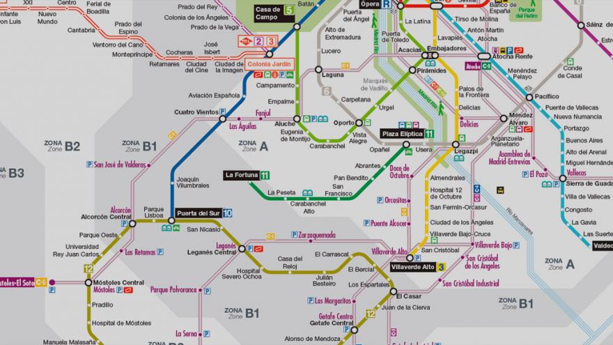 Imagen de detalle de un plano esquemático de la red de Metro, Metro Ligero y Cercanías de la Comunidad de Madrid