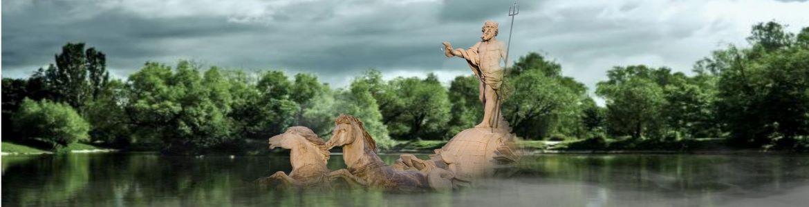 Fui sobre agua edificada Composición estatua de Neptuno sobre lago
