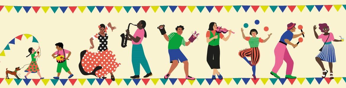 Ilustración de personas bailando y tocando instrumentos