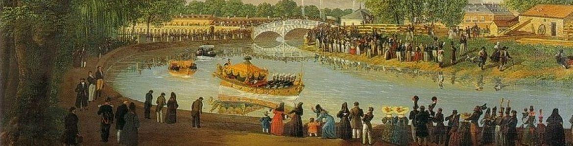 Vista del puente llamado de barcas y de la Falúa Real en el Real Sitio de Aranjuez, de Fernando Brambila (1830) Óleo escena festejo náutico en Aranjuez, 1830.