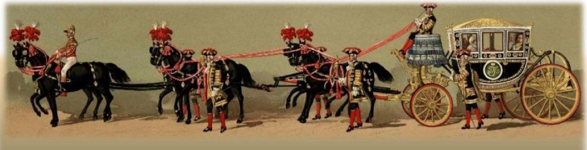 Carruaje antiguo, tirado por tres filas de caballos