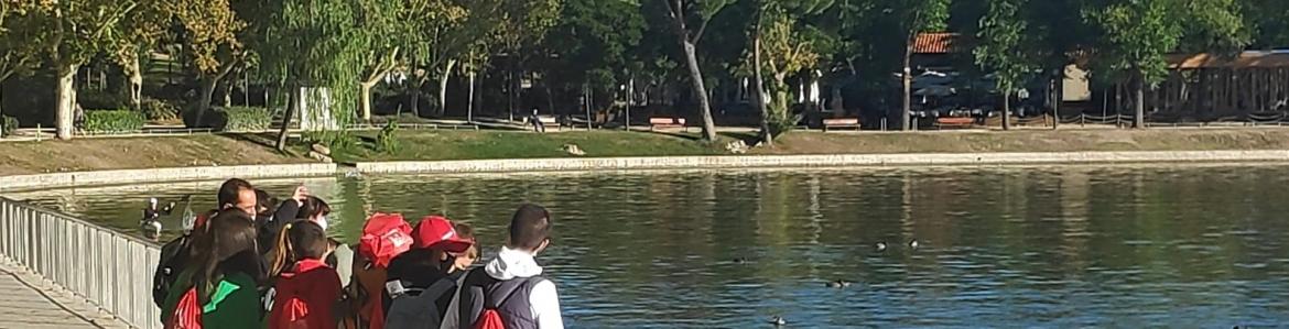 Jóvenes apoyados en la barandilla del lago de la Casa de Campo