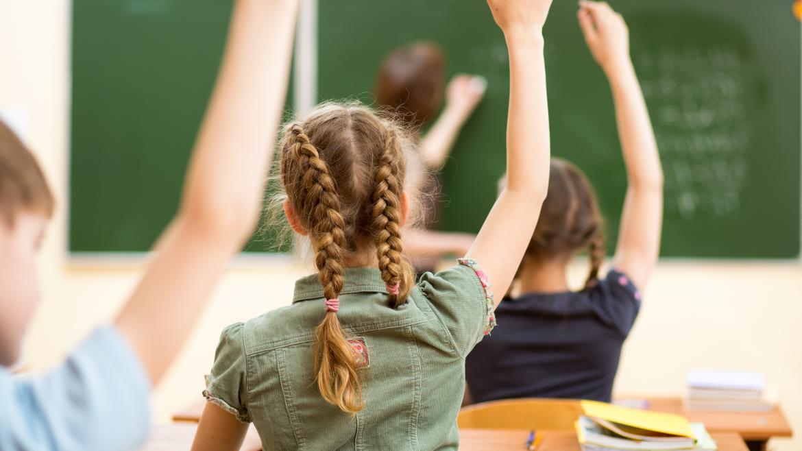 Una clase vista desde atrás con los alumnos con las manos levantadas por una pregunta del profesor