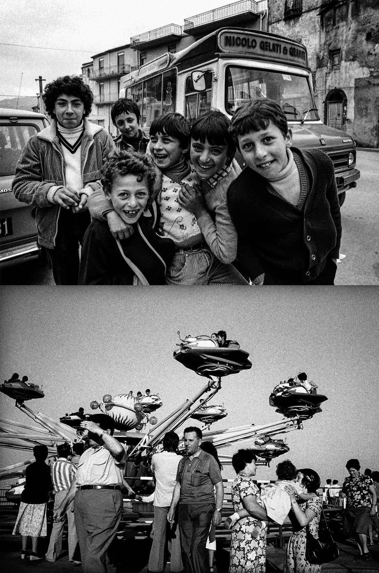 Montage of two photographs, one with children looking at the camera and another in an amusement park