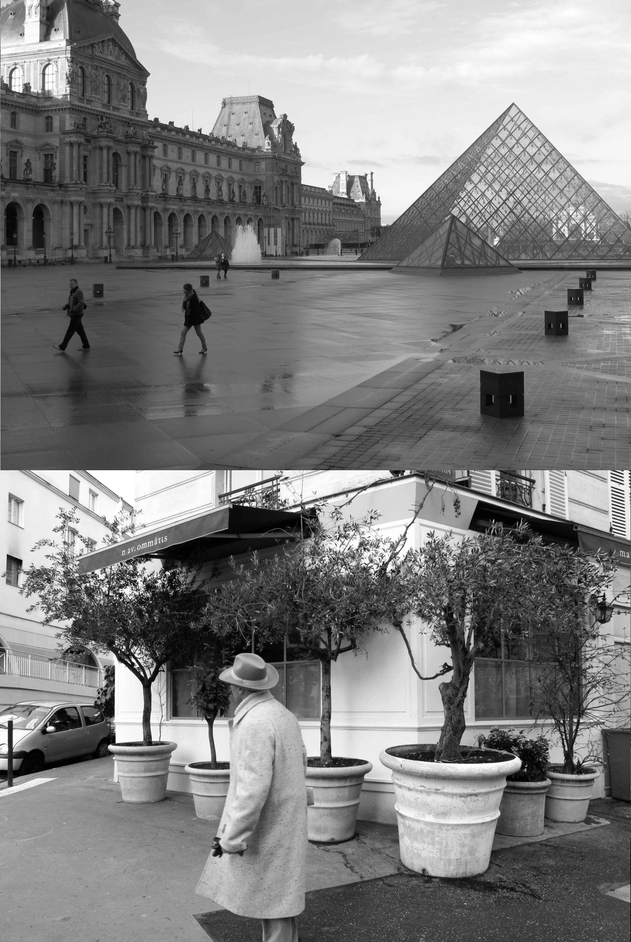 Montage of two photographs of scenes from Paris, on the top the Louvre museum and on the bottom a man in a raincoat on a lonely street