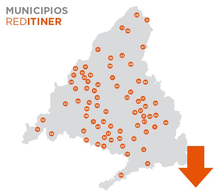 Mapa de Madrid con marcas numéricas en los municipios que participan en las exposiciones itinerantes
