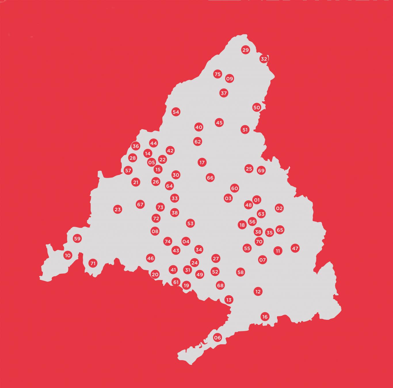 Map of the registry with points marking municipalities