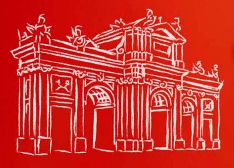 Dibujo de la Puerta de Alcalá, sobre fondo rojo