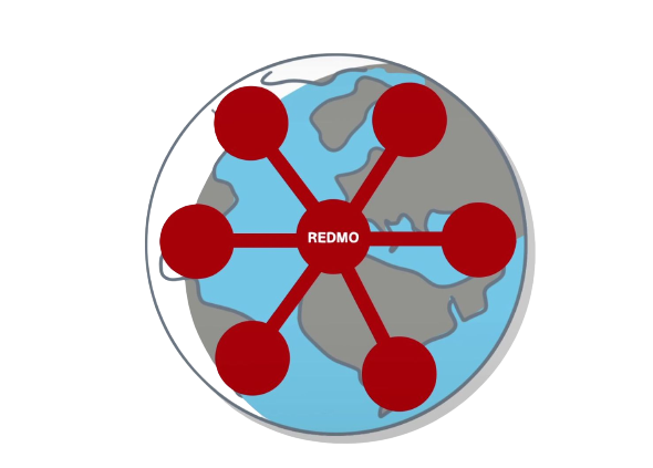 El planeta con con una serie de radios rojos unidos que son los registros internacionalescon Redmo 