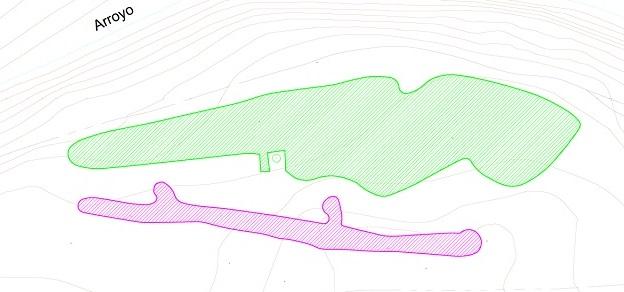 Imagen de esquema de la actuación En verde área con vestigios romanos y en morado trazado de las trincheras de la Guerra Civil