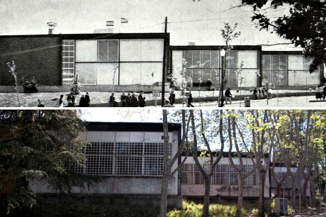 Imagen de comparativa del aspecto de las fachadas posteriores del Pabellón del Instituto Nacional de la Vivienda en 1959