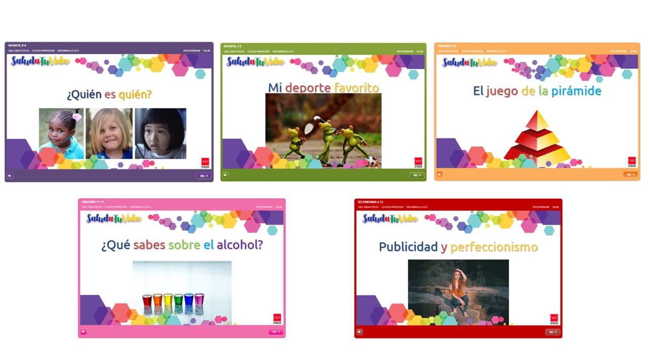 portada de 5 actividades con sus títulos en colores