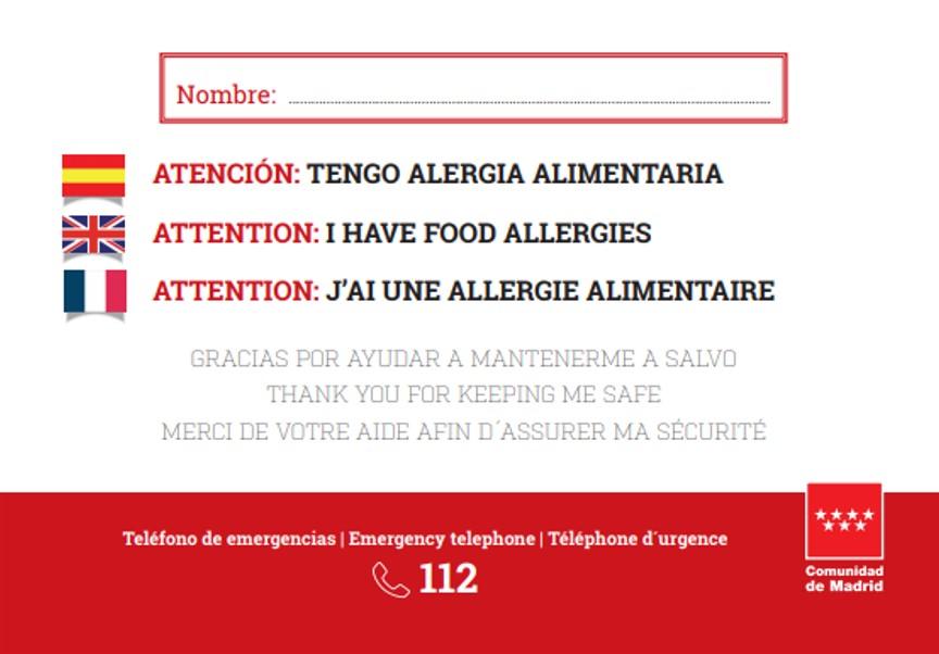 Portada de la tarjeta de alergias, donde aparecen los datos a cumplimentar