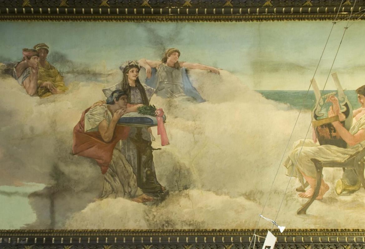 young man playing the lyre while being watched by a group of people dressed in robes on a background of clouds